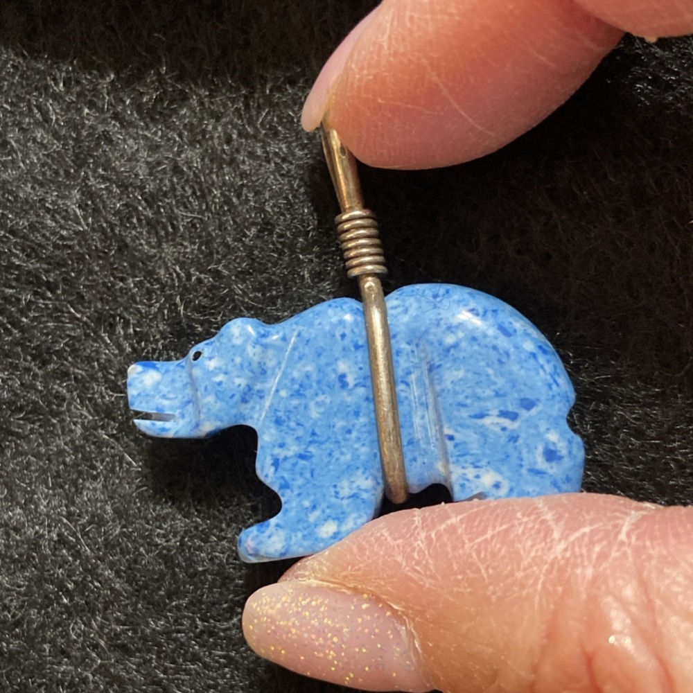 Handmade Denim Lapis Carved Bear Pendant Native American Style